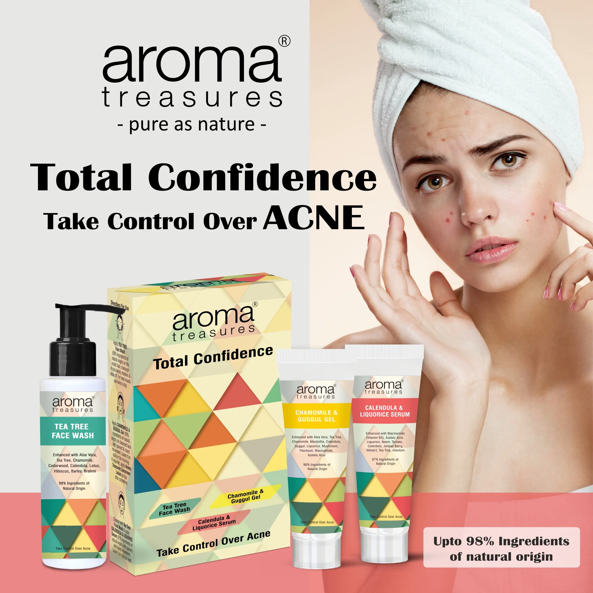 Aroma Treasures Total Confidence Kit - Take Control Over Acne, Acne Home Care Kit (160g/ml)